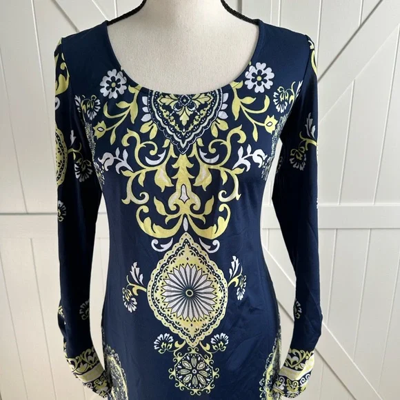 INC International Concepts Navy & Yellow Printed Shift Dress Size XS - Picture 2 of 6